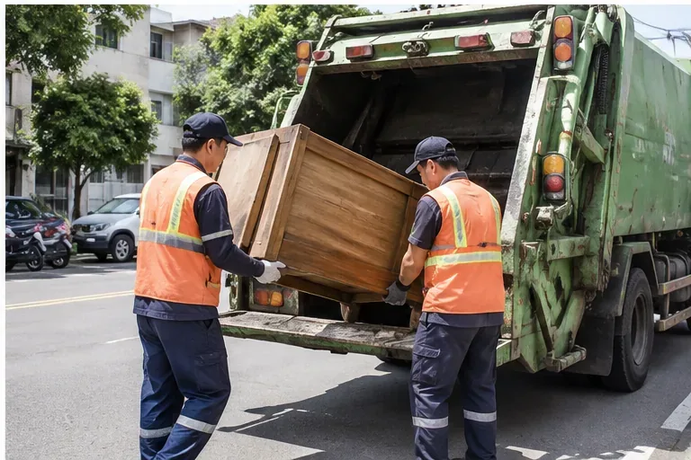 兩名清潔人員把大型木製家具搬上垃圾清運車，呈現完成大型家具收運的情境