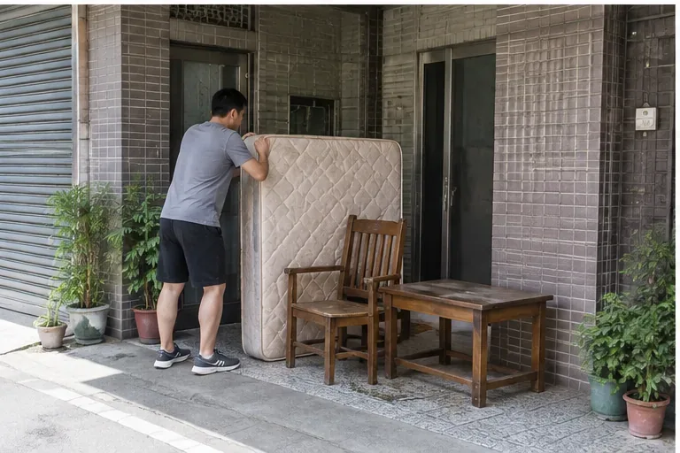 住戶在確認清運安排後，把舊床墊、木桌與木椅搬到建物一樓入口旁等待清運
