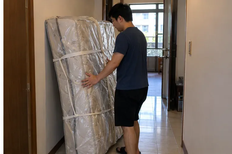 住戶將床墊包覆並固定後，在室內走道旁準備搬運