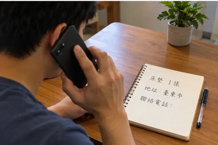 住戶一邊使用手機通話，一邊在筆記本記錄一張床墊、臺東市地址與聯絡資訊