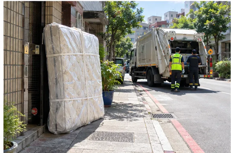 已整理好的床墊放在住宅入口旁，遠處有清運車與工作人員