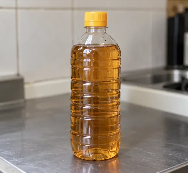裝滿廢食用油並已旋緊瓶蓋的透明塑膠瓶放在廚房檯面