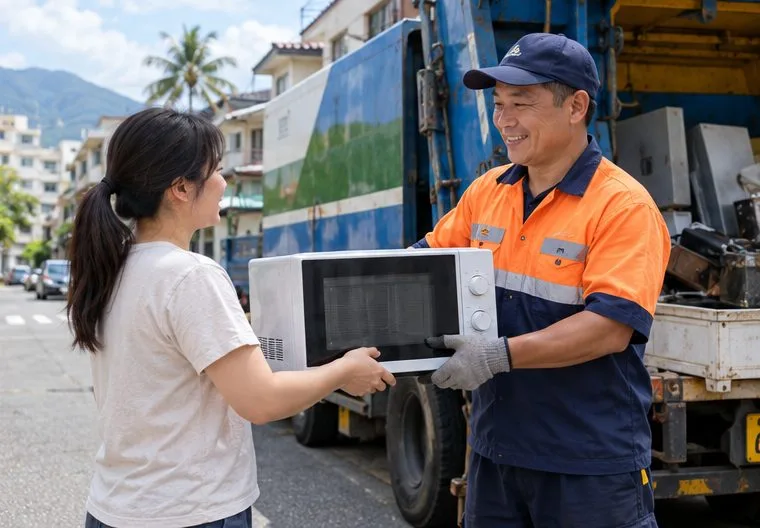 住戶將一台白色微波爐交給穿工作服的清運人員，旁邊停著清運車