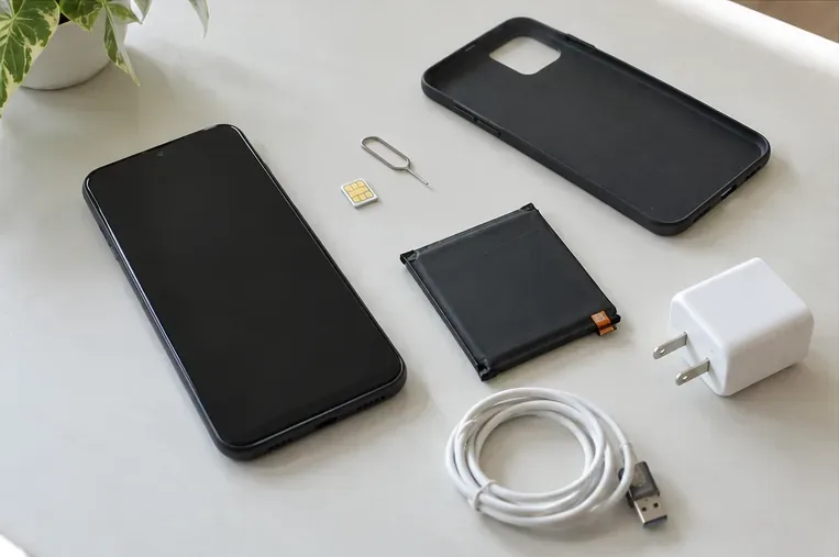桌面分開擺放一支黑色手機、SIM 卡、手機殼、充電器、傳輸線與一顆獨立電池