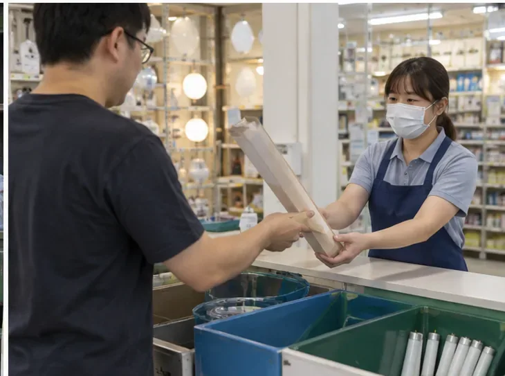 燈具販售門市櫃台前，顧客把包裝好的長條日光燈管交給店員，旁邊有分類回收容器