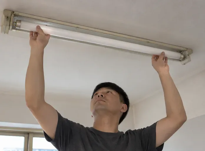 住家室內，一名男子雙手扶住長條日光燈管，準備從天花板燈具安全拆下