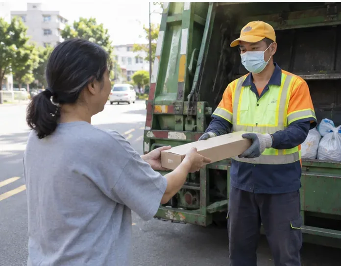 街道旁，一名民眾把裝在長紙盒內的日光燈管親手交給資源回收清運人員