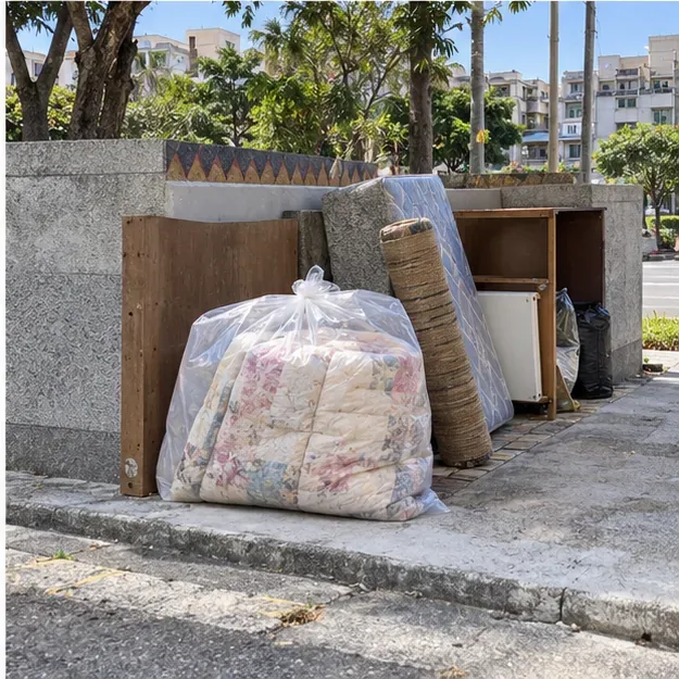 臺東住宅區指定大型廢棄物位置放置一袋棉被，周圍保持通行空間