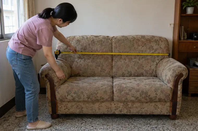 屋主用捲尺測量雙人布沙發的寬度，先確認大型家具尺寸