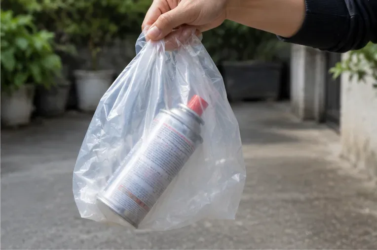 一個已用完的卡式瓦斯罐單獨放在透明塑膠袋內