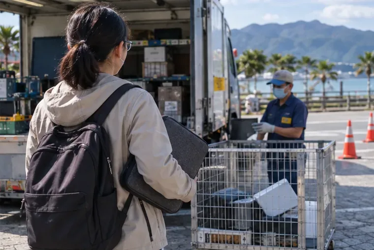 民眾提著裝在保護套中的筆電走向有工作人員的回收收受區