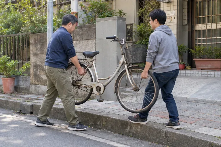 兩名男子在住家外共同扶著一輛腳踏車移動，車子完整且未放在車道中央。