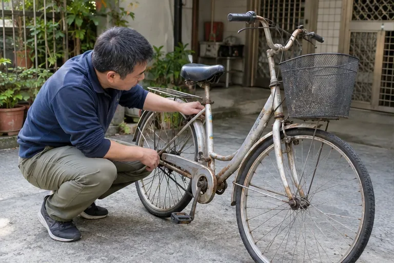 一名男子蹲在住家前檢查一輛生鏽但完整的傳統腳踏車車架與踏板。