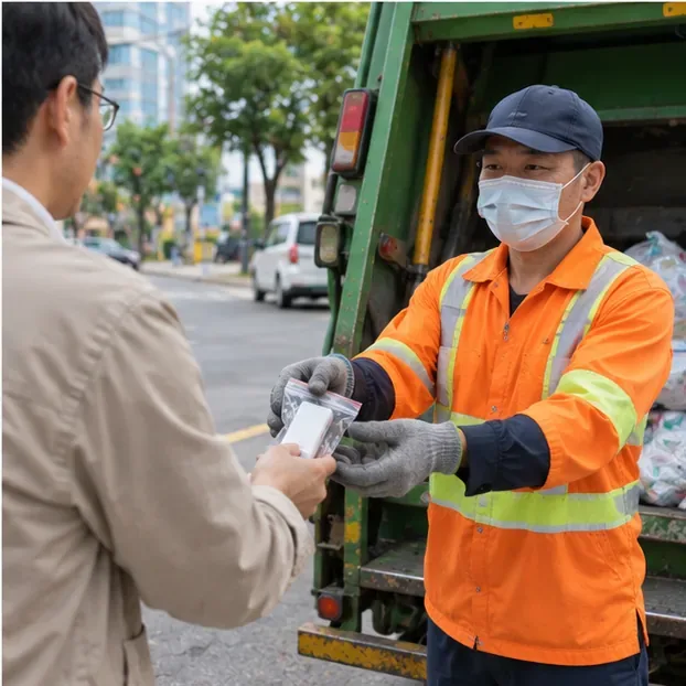 民眾把單獨包裝的廢行動電源直接交給資源回收車旁的清潔人員