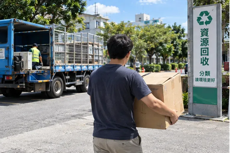 民眾抱著裝有舊電腦設備的紙箱走向資源回收區與回收車