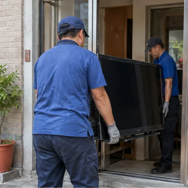 兩名搬運人員將大型舊平面電視從住宅門口搬出
