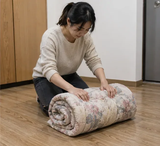 女子在室內把厚棉被緊密捲起，縮小棉被占用的體積