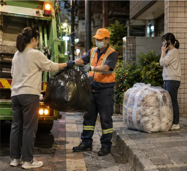 住戶在夜間垃圾清運時把裝袋的棉被交給垃圾車旁的清潔人員，旁邊另有一件體積較大的綑紮棉被