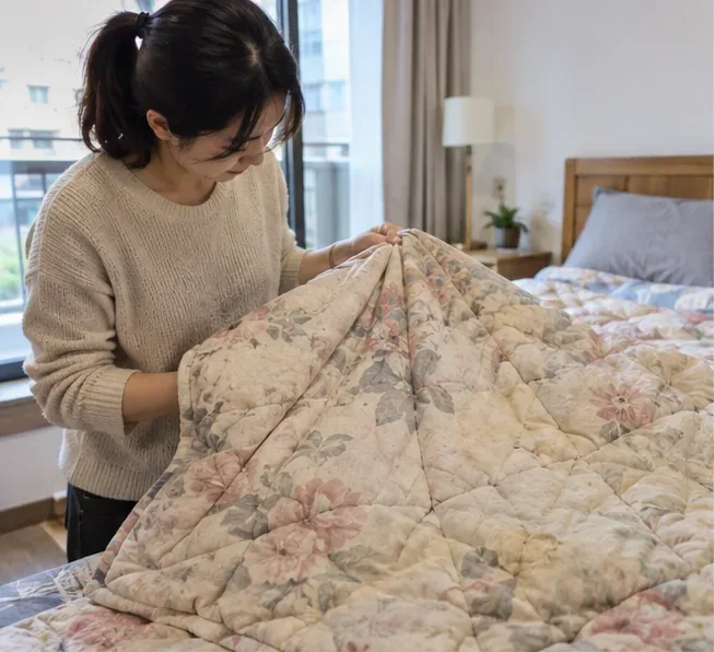 一名女子在臥室檢查一件舊花色棉被的布面與整體狀況