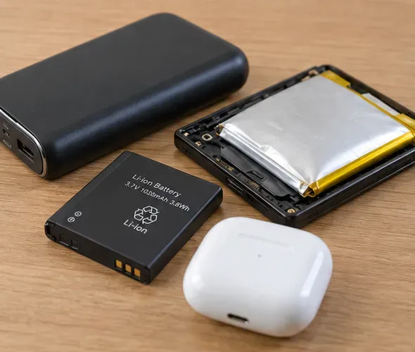 モバイルバッテリー、取り外したリチウムイオン電池、イヤホンケースなどを木製テーブル上で確認している様子