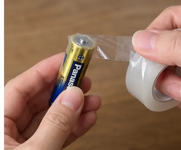 使い終わった乾電池の端子部分に透明なテープを貼って絶縁している手元