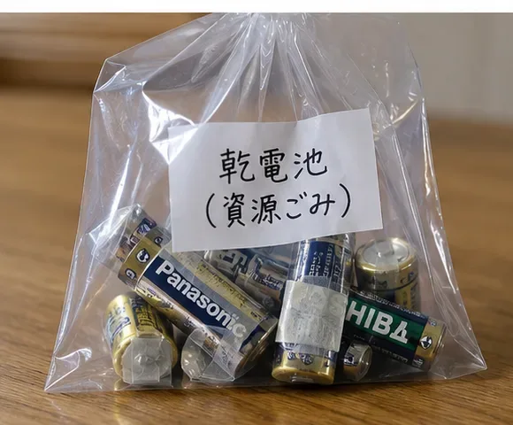 絶縁した使用済み乾電池を中身が見える透明な袋にまとめた状態