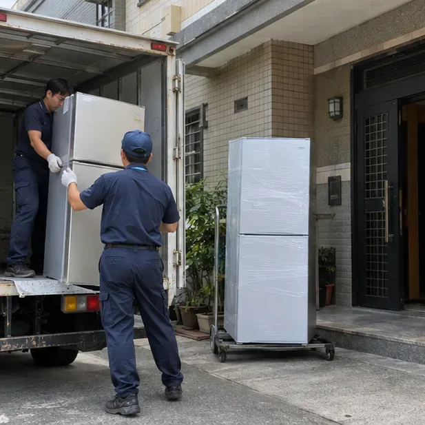 回收人員將舊冰箱推向貨車並裝載，住宅門口另有新冰箱等待安裝