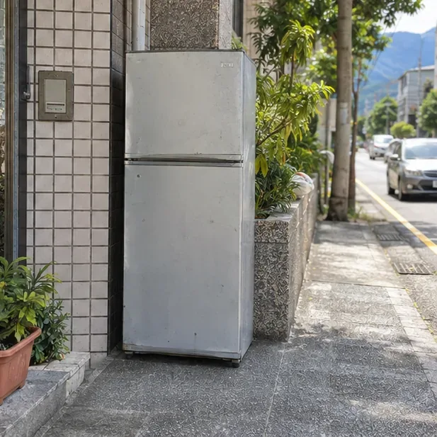 一台舊雙門冰箱暫放在住宅外牆旁，附近有人行道、植栽與道路
