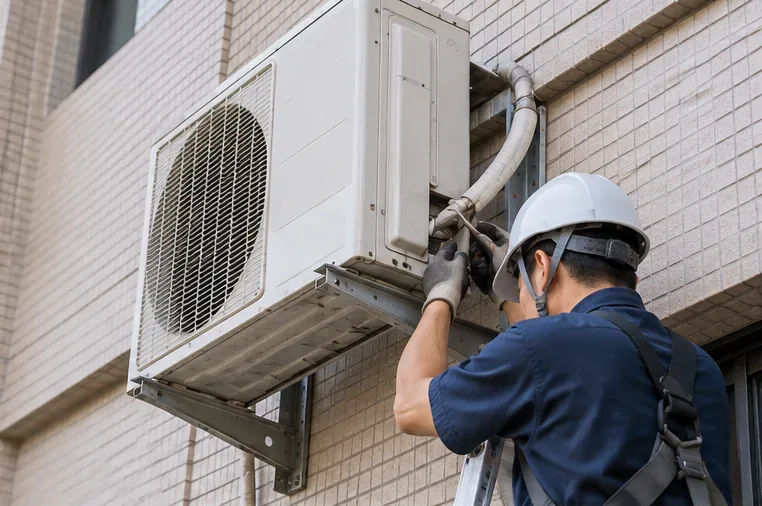 專業技術人員在建築外牆位置處理分離式冷氣室外機