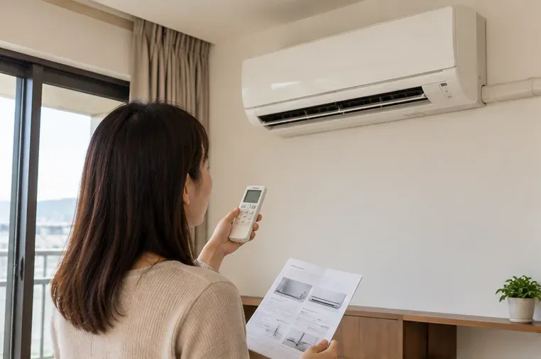 住家內一名民眾查看壁掛式分離冷氣並準備處理舊機