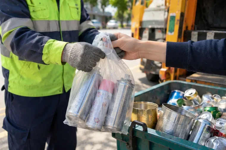 民眾把裝有多個完整噴霧空罐的透明袋交給穿反光背心的資源回收人員，旁邊是回收車與金屬容器