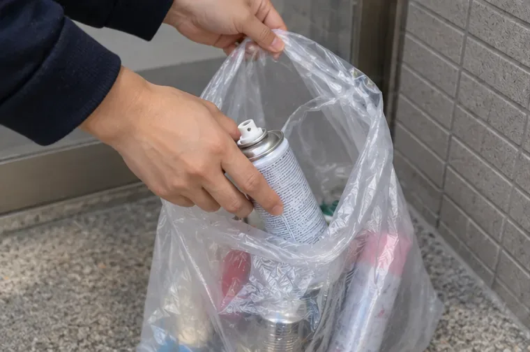 已排空的多個完整噴霧罐被單獨放入透明塑膠袋，罐體沒有壓扁或打孔