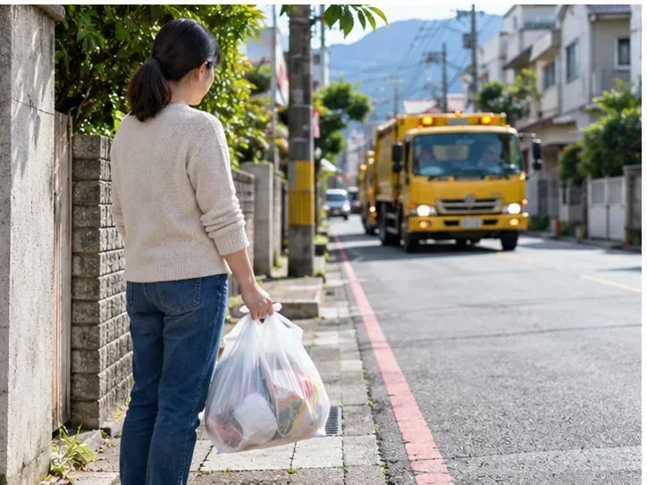 住戶提著綁好的垃圾袋站在路邊等待，垃圾車正沿住宅街道接近