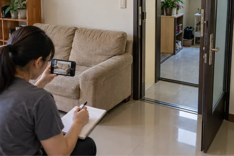 住戶拍攝沙發並記錄尺寸，同時確認家具能否通過玄關。