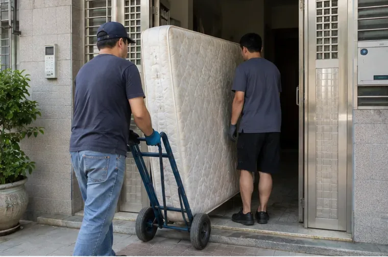 兩名搬運人員用手推車把大型床墊從住宅入口搬出
