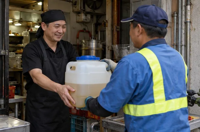 小吃店工作人員將已加蓋的廢食用油桶交給穿著反光背心的回收清運人員。