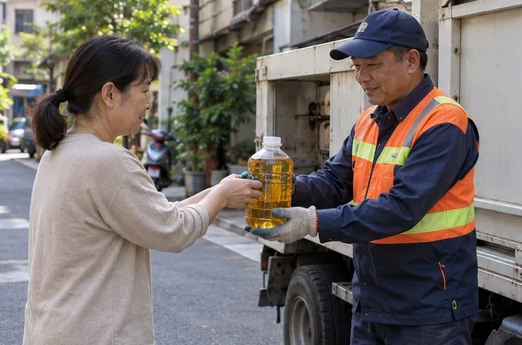 一名住戶在社區街道把裝妥的廢食用油交給資源回收車工作人員。
