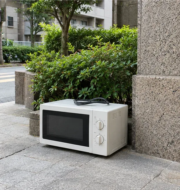 一台完整舊微波爐放在住宅建物外牆旁的鋪面上，電源線已收妥