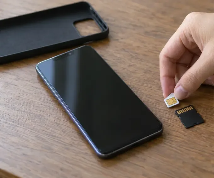 關機手機放在桌上，手正取出 SIM 卡與 microSD 記憶卡，旁邊放著手機殼