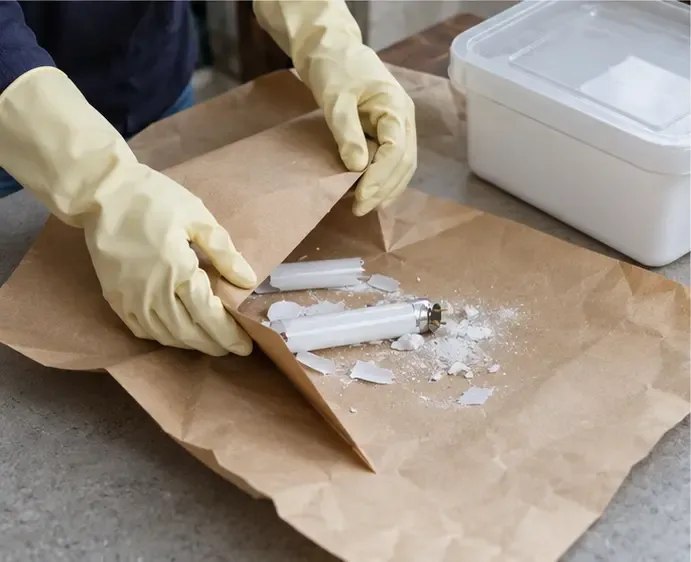 戴手套的雙手以厚紙包住破損日光燈管碎片，旁邊有可密封的收納容器