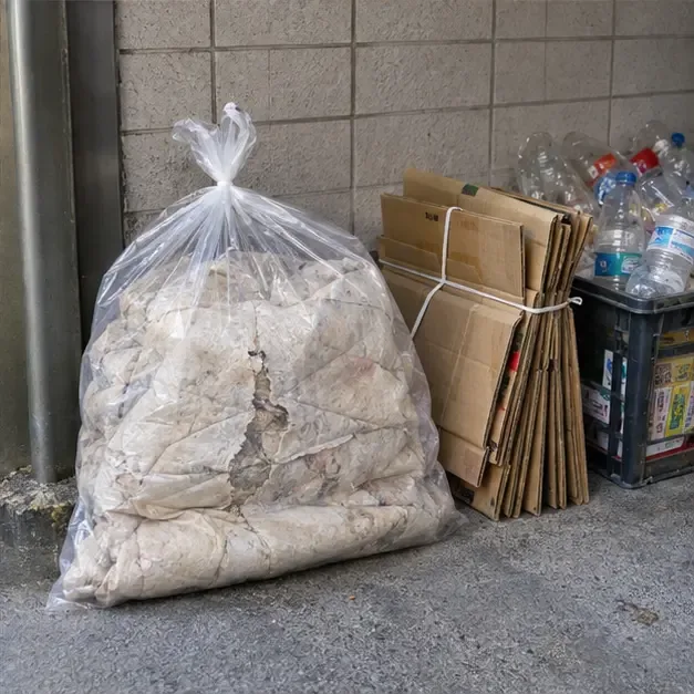 發霉破損的棉被裝入透明大袋，旁邊另行堆放紙箱與寶特瓶