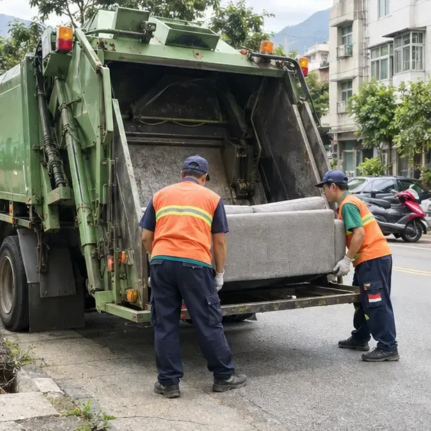 清潔人員在住宅街道旁將沙發搬上大型廢棄物清運車