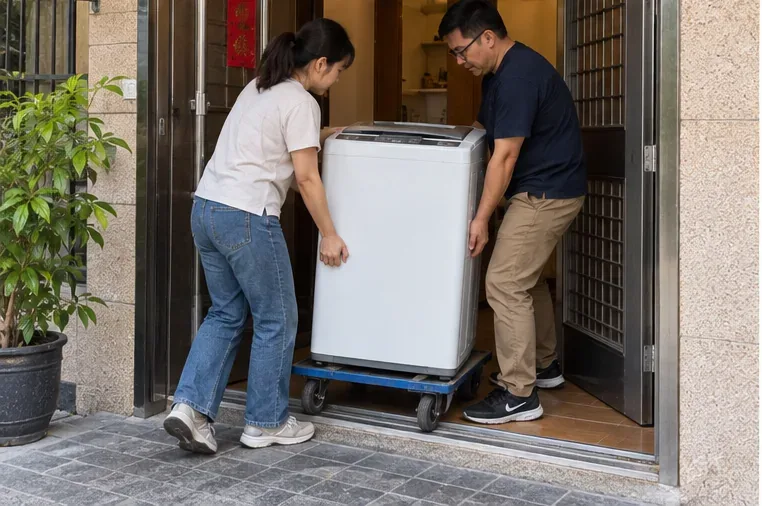 兩人利用有輪平台把洗衣機從住宅門口推出，並共同控制機身