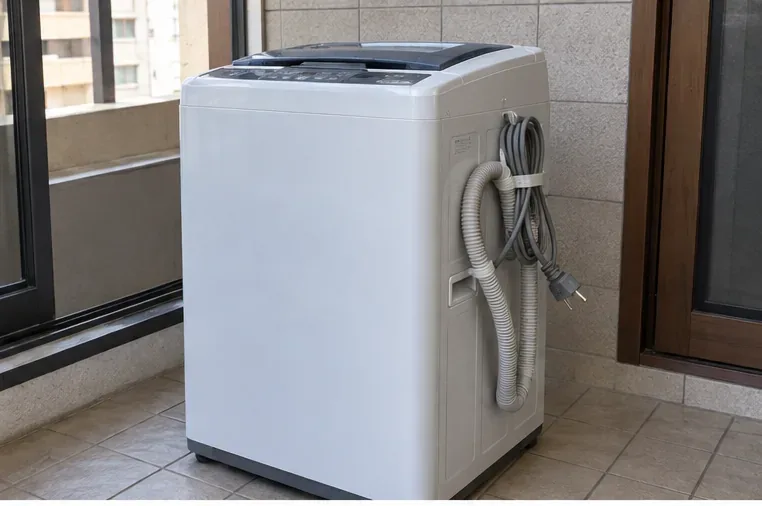 白色直立式洗衣機旁的進排水管與電源線已整理並固定在機身側面