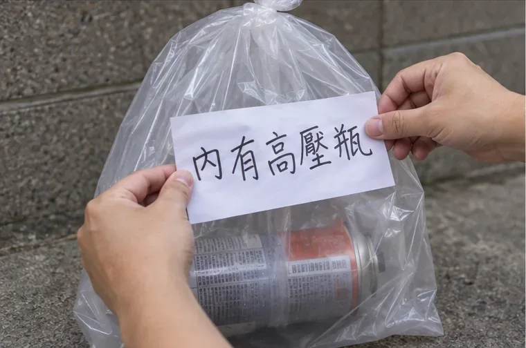 透明袋內裝著卡式瓦斯罐，袋外貼上手寫的「內有高壓瓶」警示紙