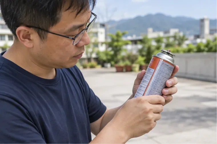在戶外明亮空曠處檢查卡式瓦斯罐是否已使用完畢，手中拿著未打洞的金屬瓦斯罐