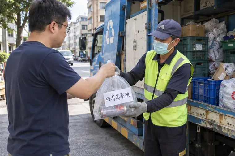民眾把標示「內有高壓瓶」的透明袋交給站在資源回收車旁的清潔隊員
