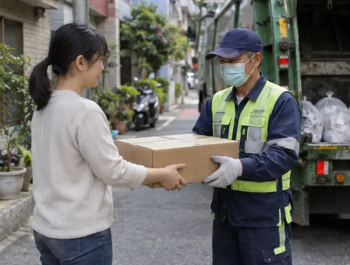 住戶把裝箱的筆電交給街道旁的資源回收工作人員，背景有無品牌回收車
