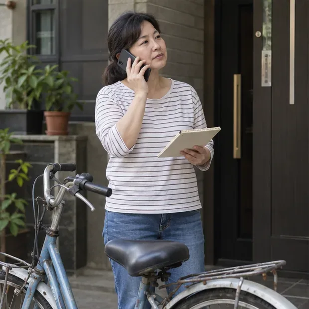 居民站在住家門口打電話並查看筆記，向清潔隊確認腳踏車清運方式