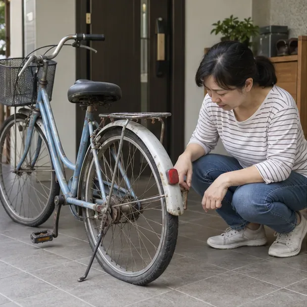 住家門口一名居民檢查後輪漏氣的老舊腳踏車，先判斷是否仍有再利用價值